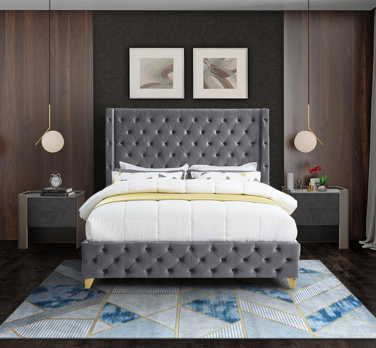 Savan Grey Velvet Queen Bed